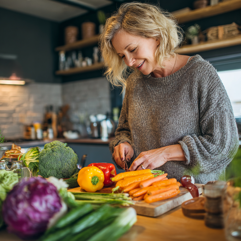 Middle-aged woman preparing nutritious colorful vegetables in modern kitchen