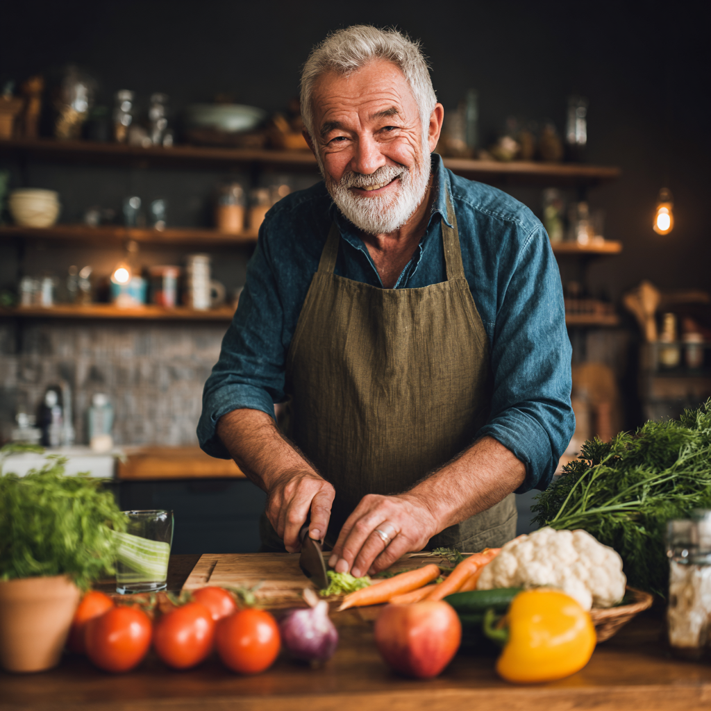 Senior man with smile preparing fresh nutritious ingredients at home